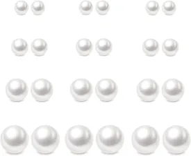 12 Pairs Pearl Studs Earrings for Women, Stainless Steel Hypoallergenic White Faux Simulated Pearl Earrings, 4 Mixed Sizes Round Ball Jewelry for Wedding Birthday Christmas