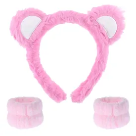3 Pcs Care Bear Headband, Wrist Bands For Washing Face Pink Care Bear Ears Face Wash Cuffs, Skincare Headband Spa Gifts For Costume Makeup Washing Face Adults Women Gift