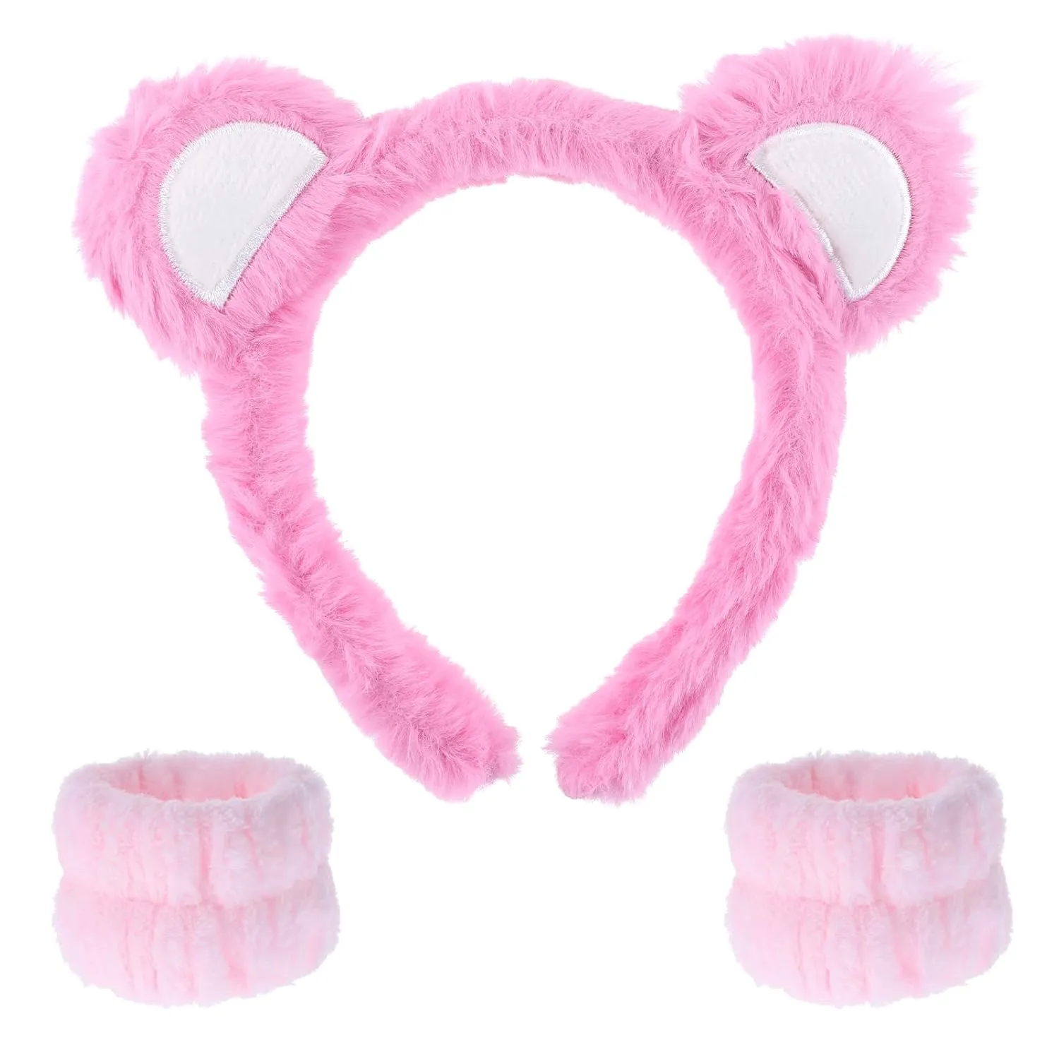 3 Pcs Care Bear Headband, Wrist Bands For Washing Face Pink Care Bear Ears Face Wash Cuffs, Skincare Headband Spa Gifts For Costume Makeup Washing Face Adults Women Gift