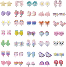35 Pairs Clip On Earrings for Girls, Non-Pierced, Alloy & Acrylic & Rubber, Cute Flower Animal Rainbow Earrings