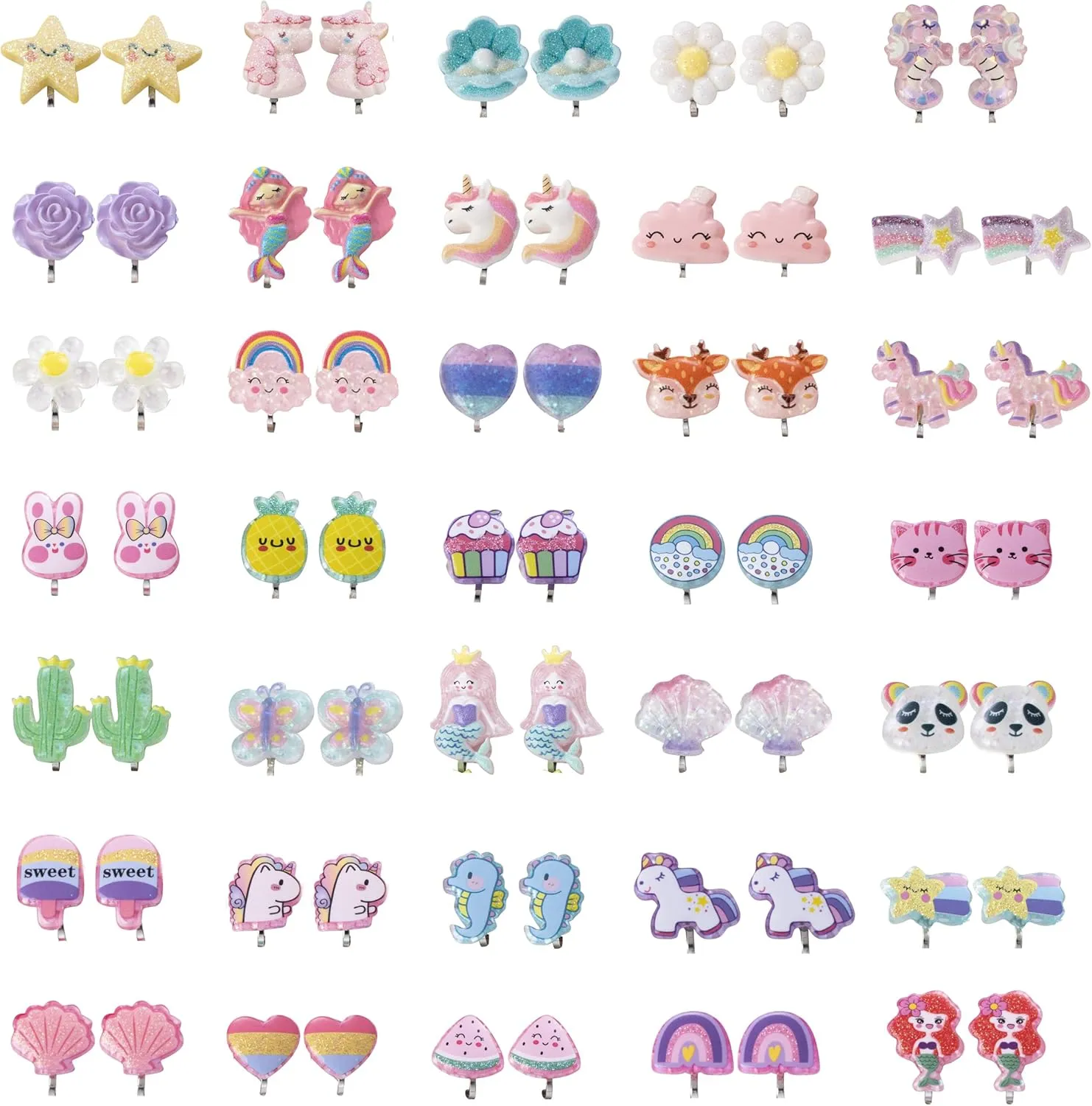 35 Pairs Clip On Earrings for Girls, Non-Pierced, Alloy & Acrylic & Rubber, Cute Flower Animal Rainbow Earrings