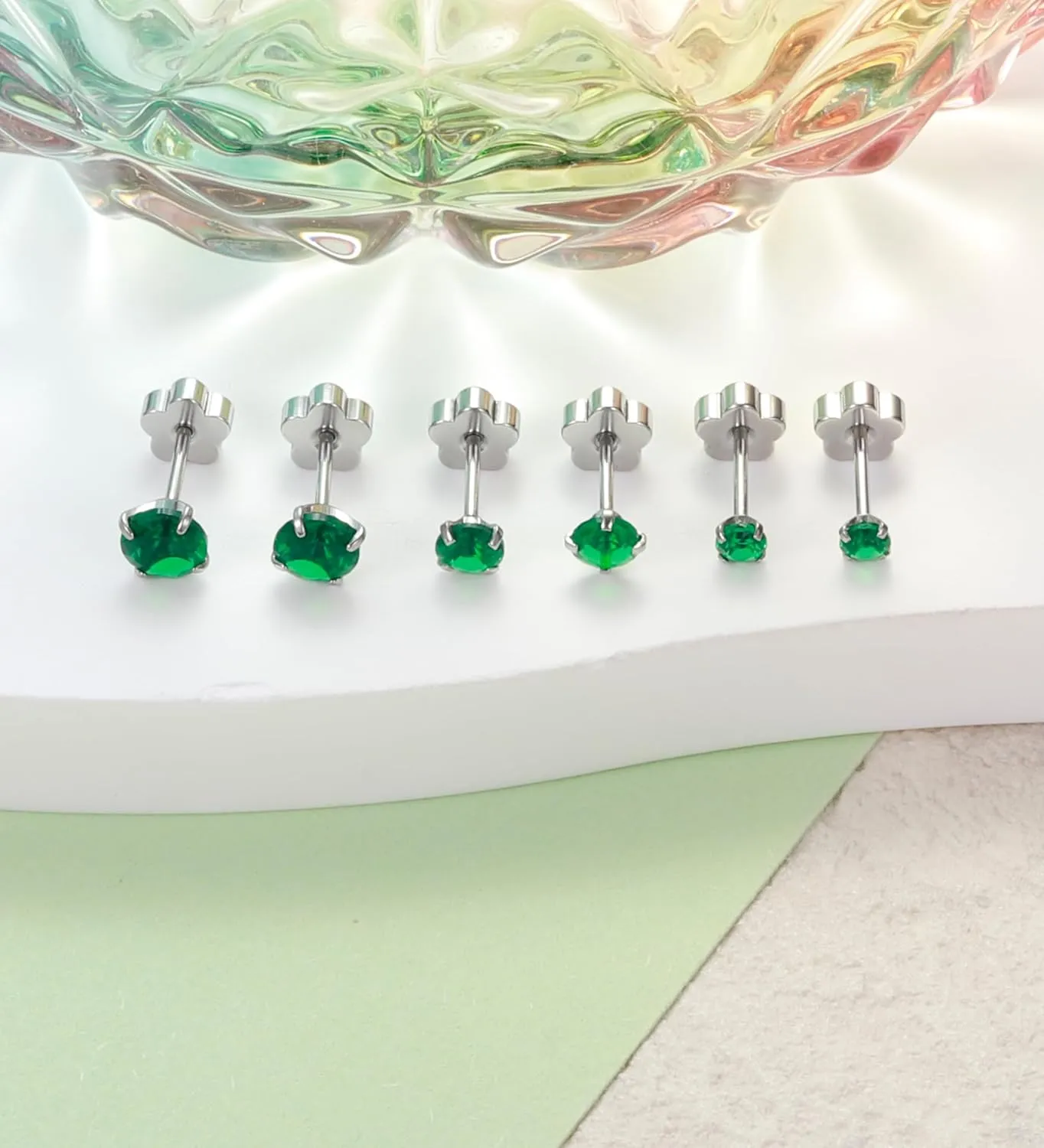 3Pairs CZ Flat Back Earrings for Women Hypoallergenic Silver Screw Back Cubic Zirconia Cartilage Earrings Studs 20G Handmade Nap Earrings for Multiple Piercing Green CZ