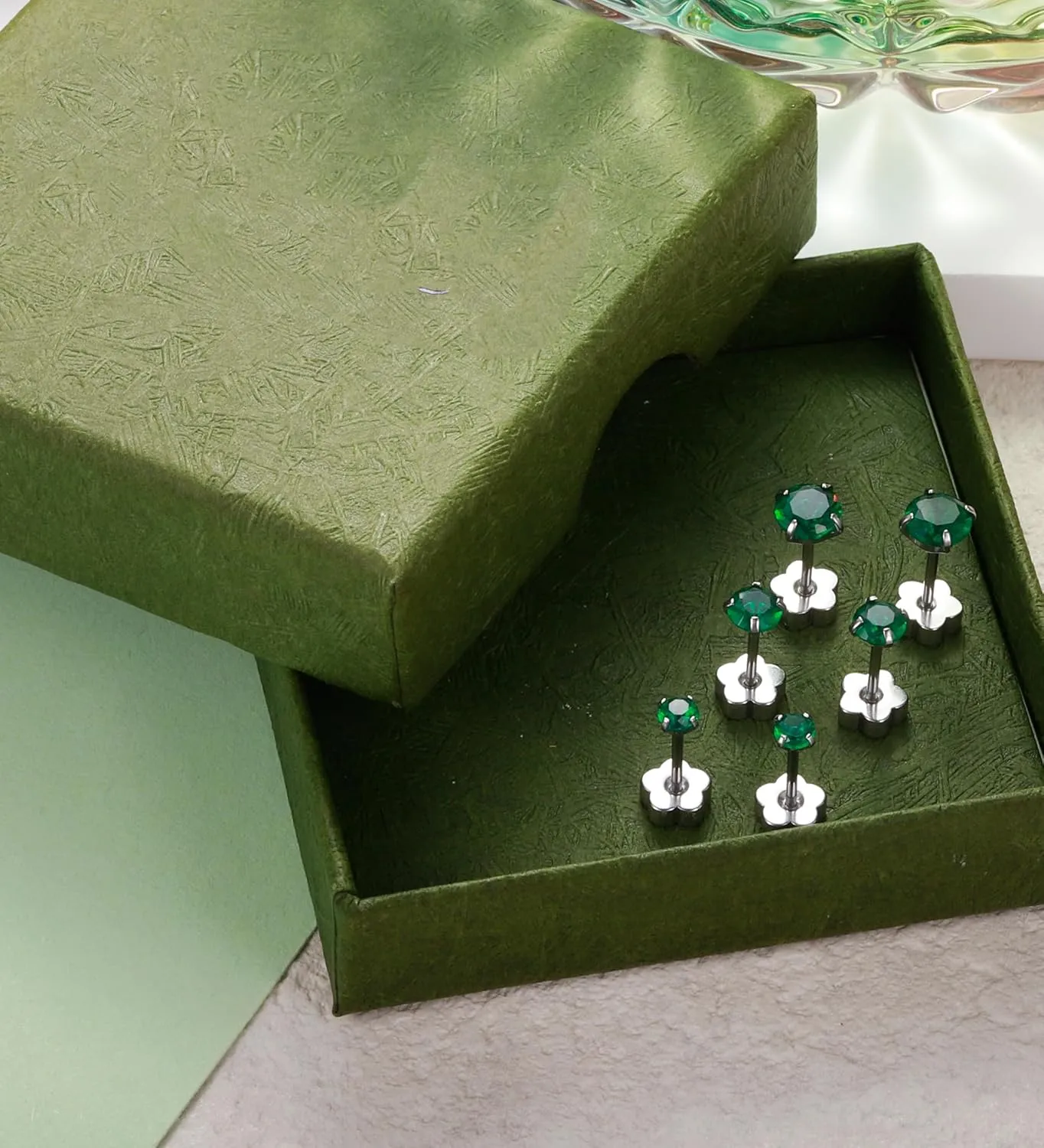 3Pairs CZ Flat Back Earrings for Women Hypoallergenic Silver Screw Back Cubic Zirconia Cartilage Earrings Studs 20G Handmade Nap Earrings for Multiple Piercing Green CZ