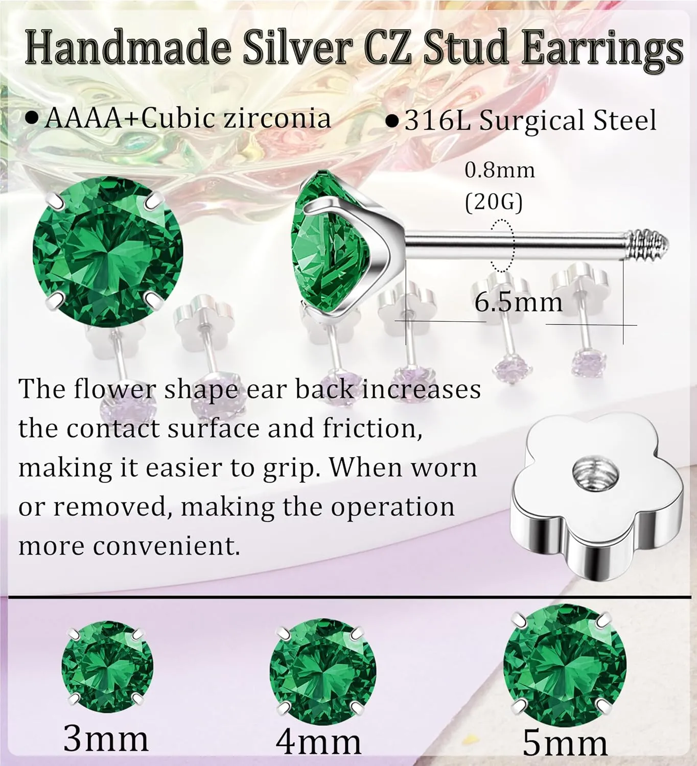 3Pairs CZ Flat Back Earrings for Women Hypoallergenic Silver Screw Back Cubic Zirconia Cartilage Earrings Studs 20G Handmade Nap Earrings for Multiple Piercing Green CZ