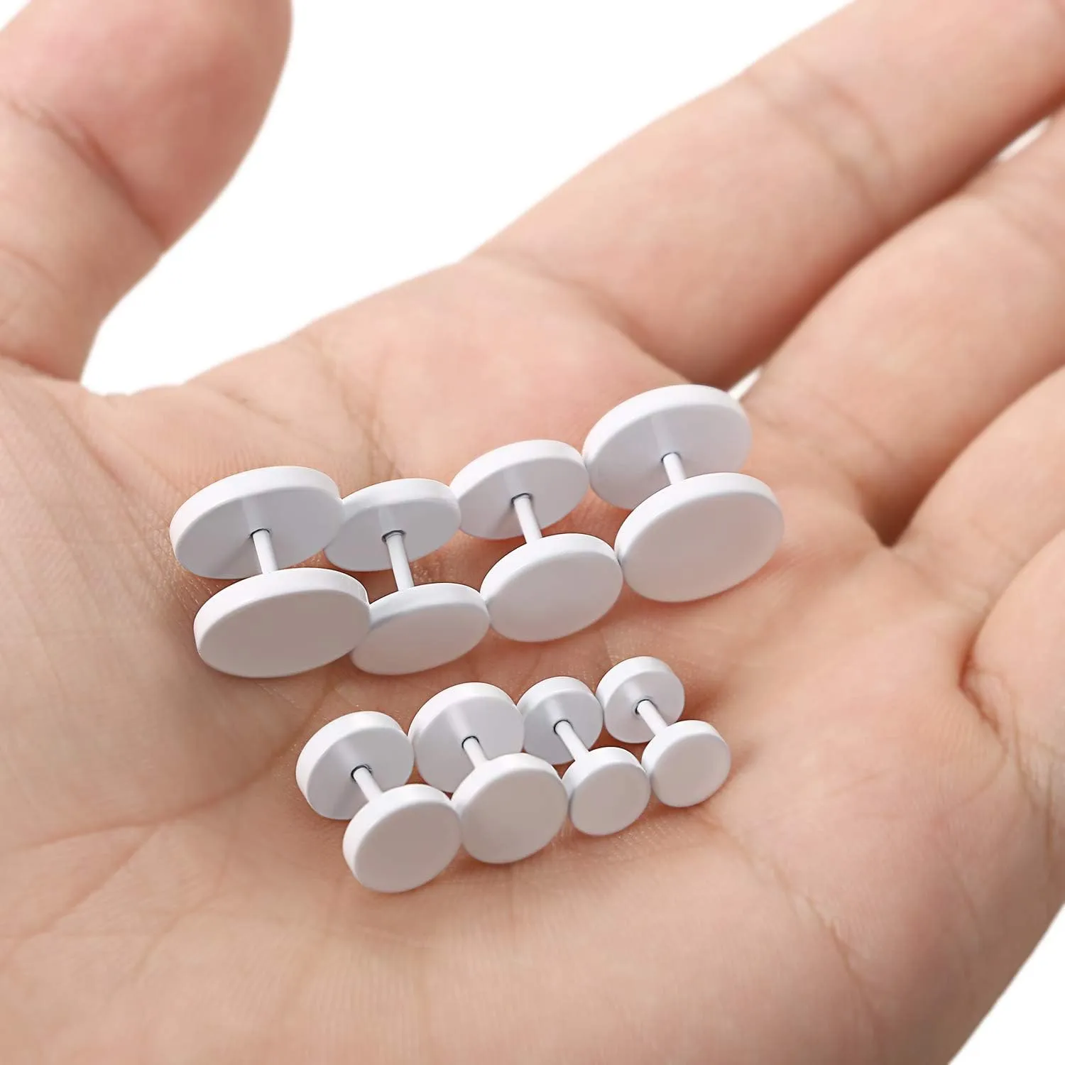 4 Pairs Unisex 6-12MM Stainless Steel Stud Earrings Set,Cupimatch Ear Piercing Plugs Faux Gauges Illusion Tunnel Screw Earrings, White