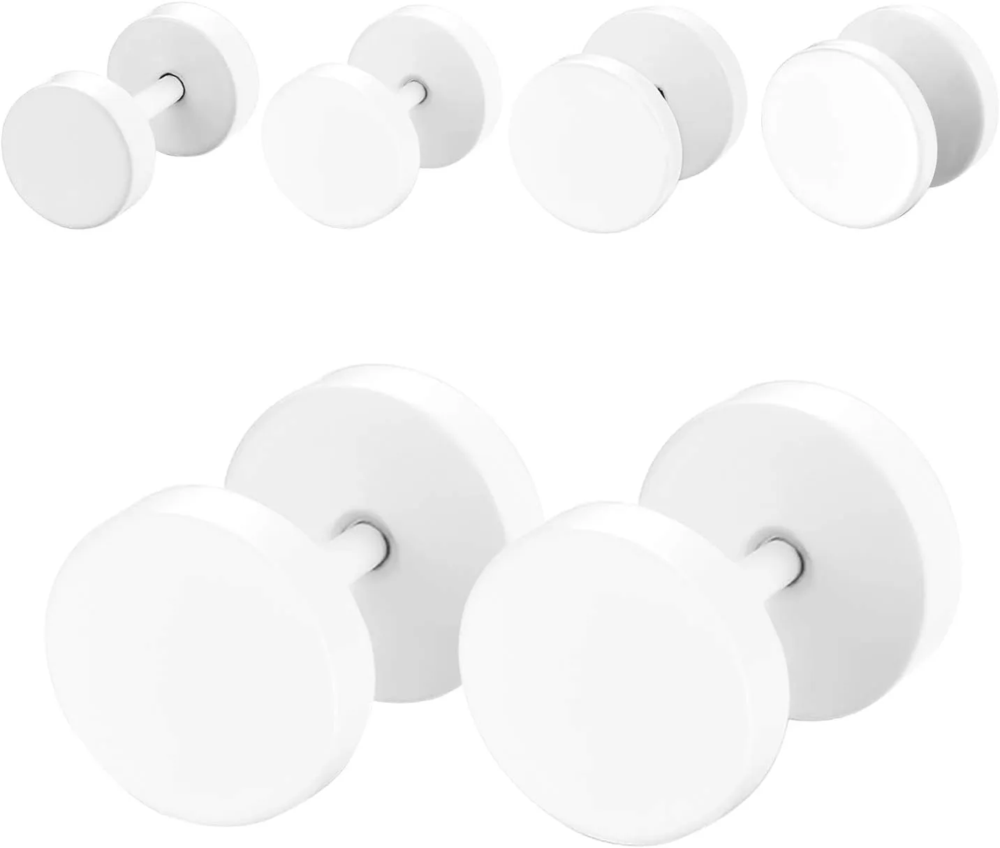 4 Pairs Unisex 6-12MM Stainless Steel Stud Earrings Set,Cupimatch Ear Piercing Plugs Faux Gauges Illusion Tunnel Screw Earrings, White