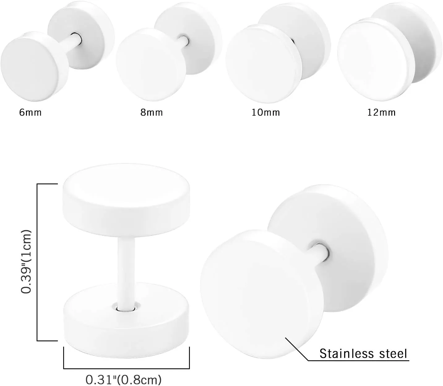 4 Pairs Unisex 6-12MM Stainless Steel Stud Earrings Set,Cupimatch Ear Piercing Plugs Faux Gauges Illusion Tunnel Screw Earrings, White