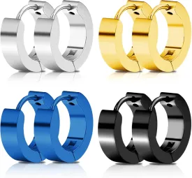 4 Pairs Unisex Hoop Earrings Set  4 Color Stainless Steel Small Huggie Earrings for Men & Women (Gold, Silver, Black, Blue) | Hypoallergenic Ear Piercing Jewelry