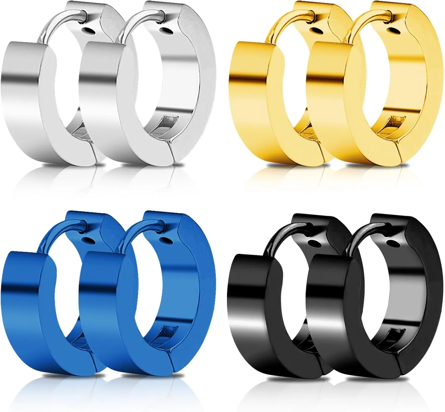4 Pairs Unisex Hoop Earrings Set  4 Color Stainless Steel Small Huggie Earrings for Men & Women (Gold, Silver, Black, Blue) | Hypoallergenic Ear Piercing Jewelry