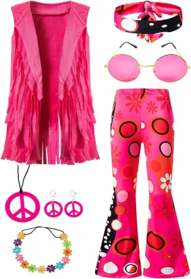 60s 70s Hippie Outfits Kids Girls Costume Fringe Vest Peace Flared Pants Accessories Set