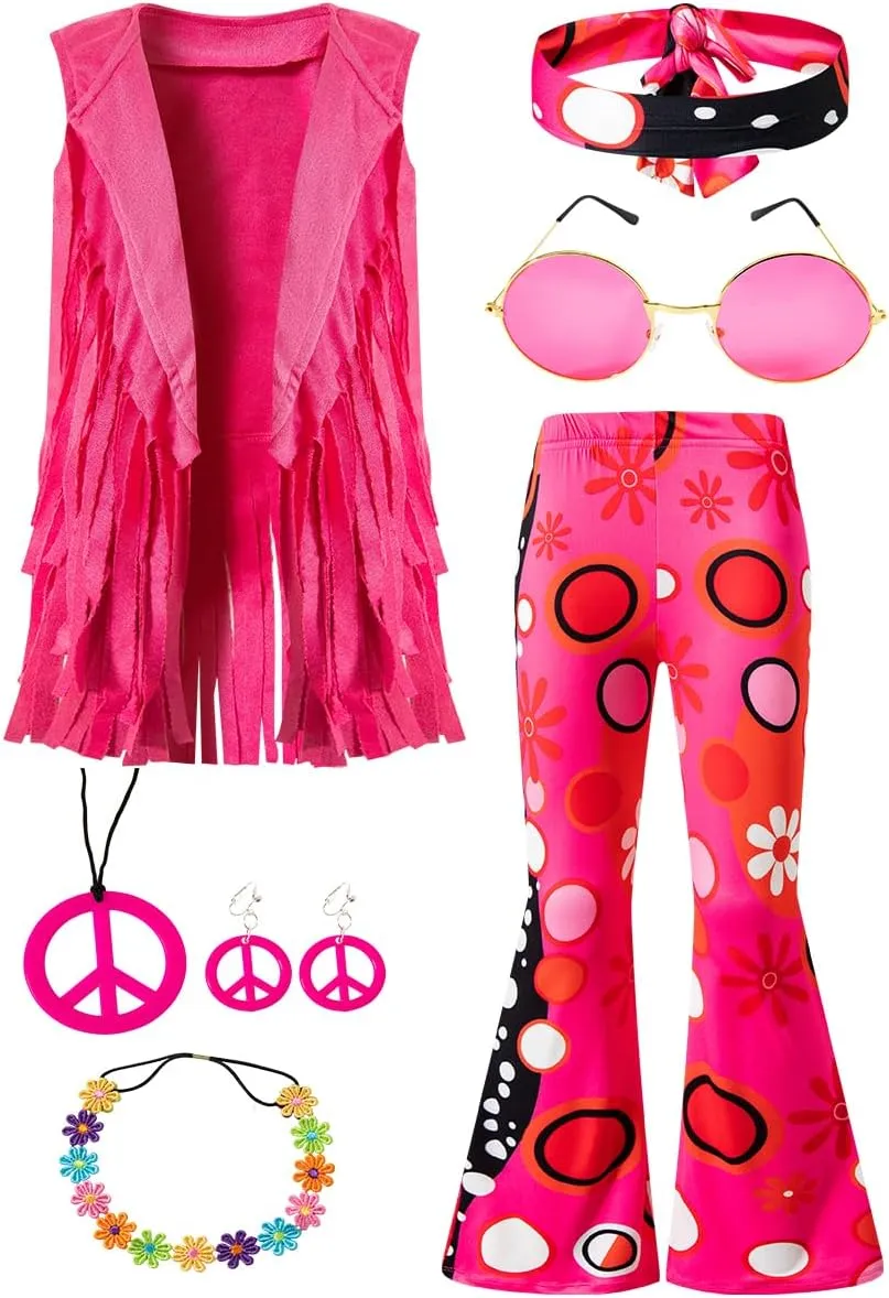 60s 70s Hippie Outfits Kids Girls Costume Fringe Vest Peace Flared Pants Accessories Set