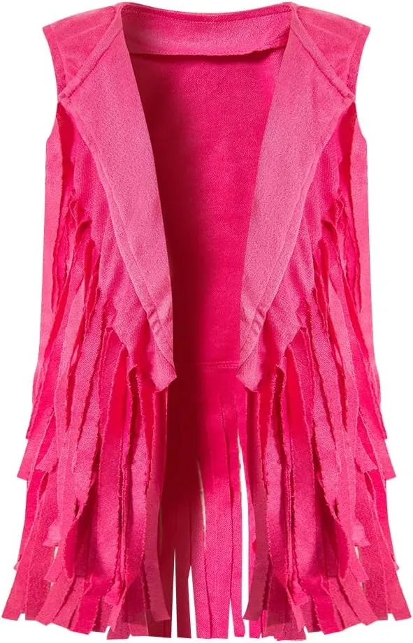 60s 70s Hippie Outfits Kids Girls Costume Fringe Vest Peace Flared Pants Accessories Set
