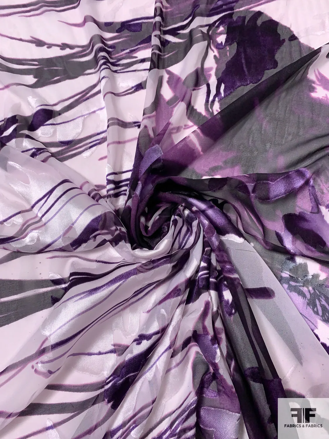 Abstract Large-Scale Floral Printed Burnout Silk Chiffon - Purple / Off-White