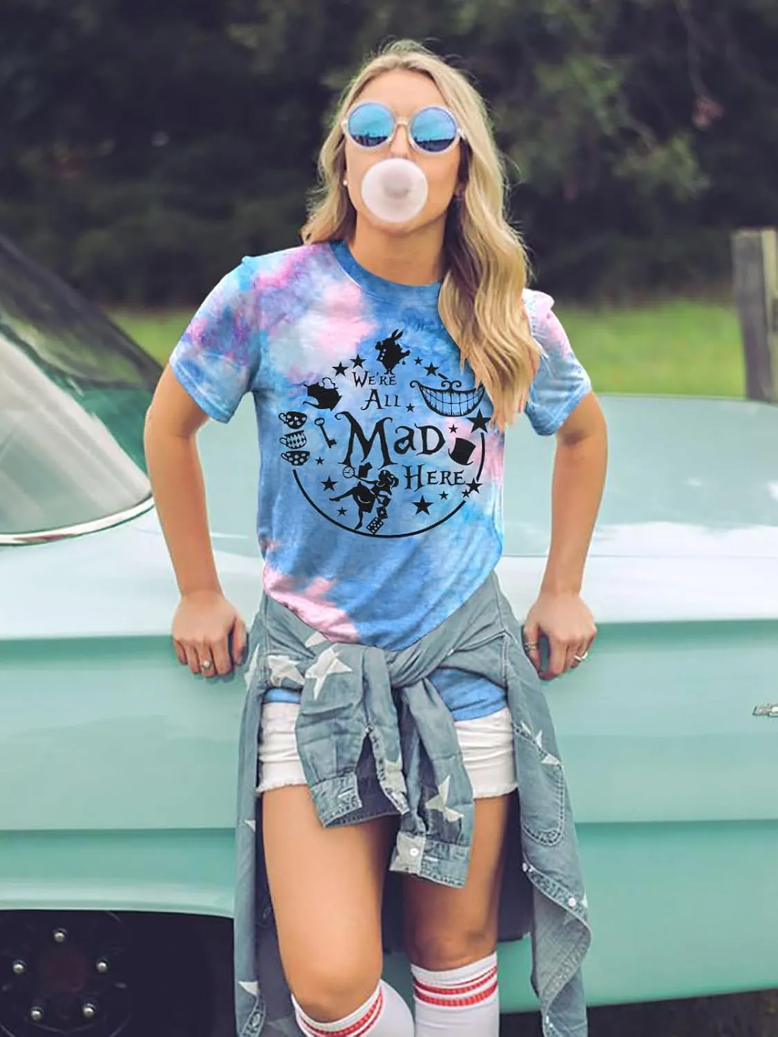 Alice in Wonderland Shirt Women Vacation Shirts We're All Mad Here Tshirt Mad Tea Party Shirt Cute Graphic Tee Tops