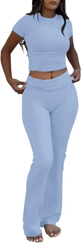 AYWA Women's 2 Piece Lounge Sets Short Sleeve Crop Top Foldover Flare Pants Casual Pajama Outfits