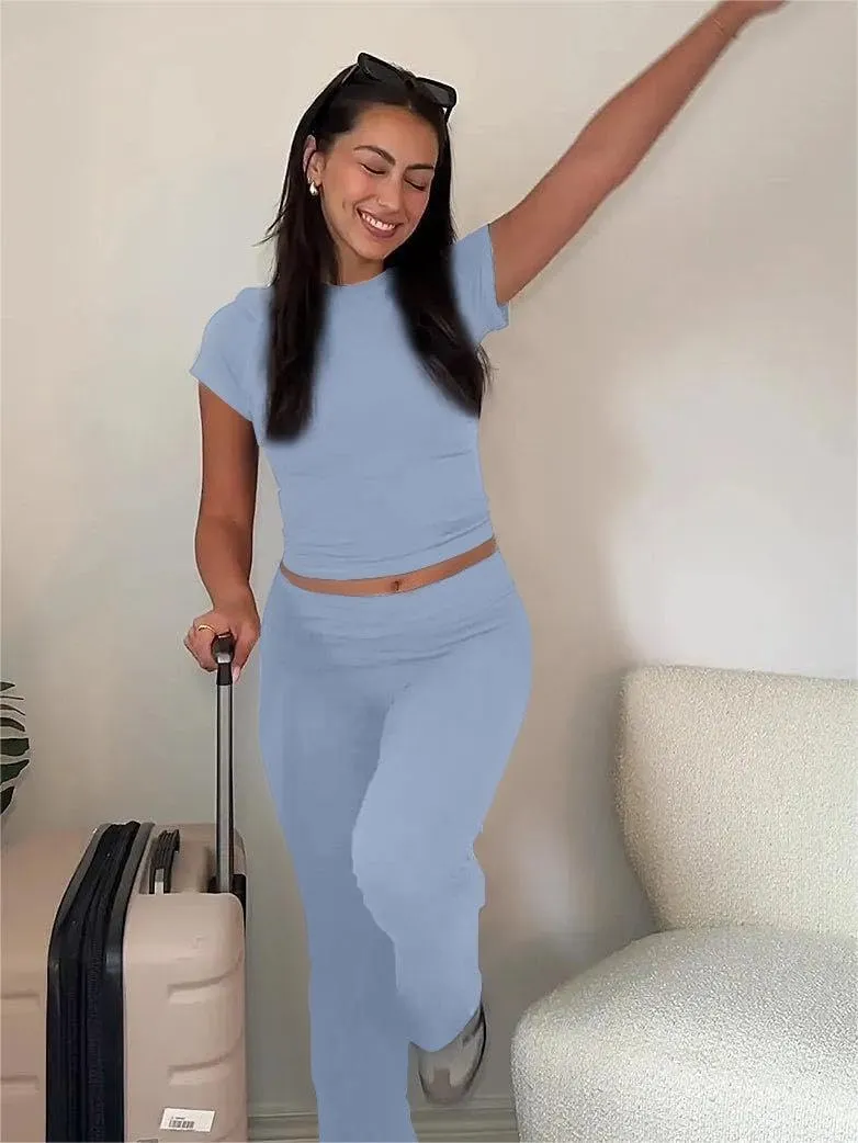 AYWA Women's 2 Piece Lounge Sets Short Sleeve Crop Top Foldover Flare Pants Casual Pajama Outfits