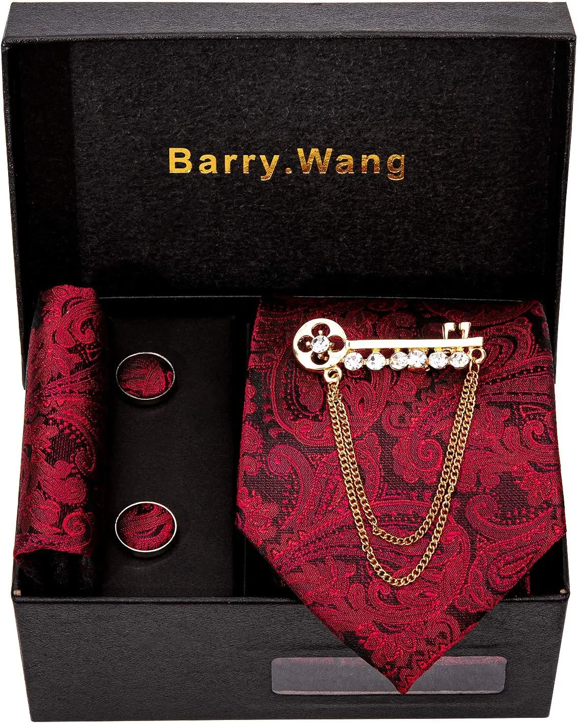 Barry.Wang Paisley Tie Fashion Set Hanky Cufflinks Neckties for Men Woven Silk