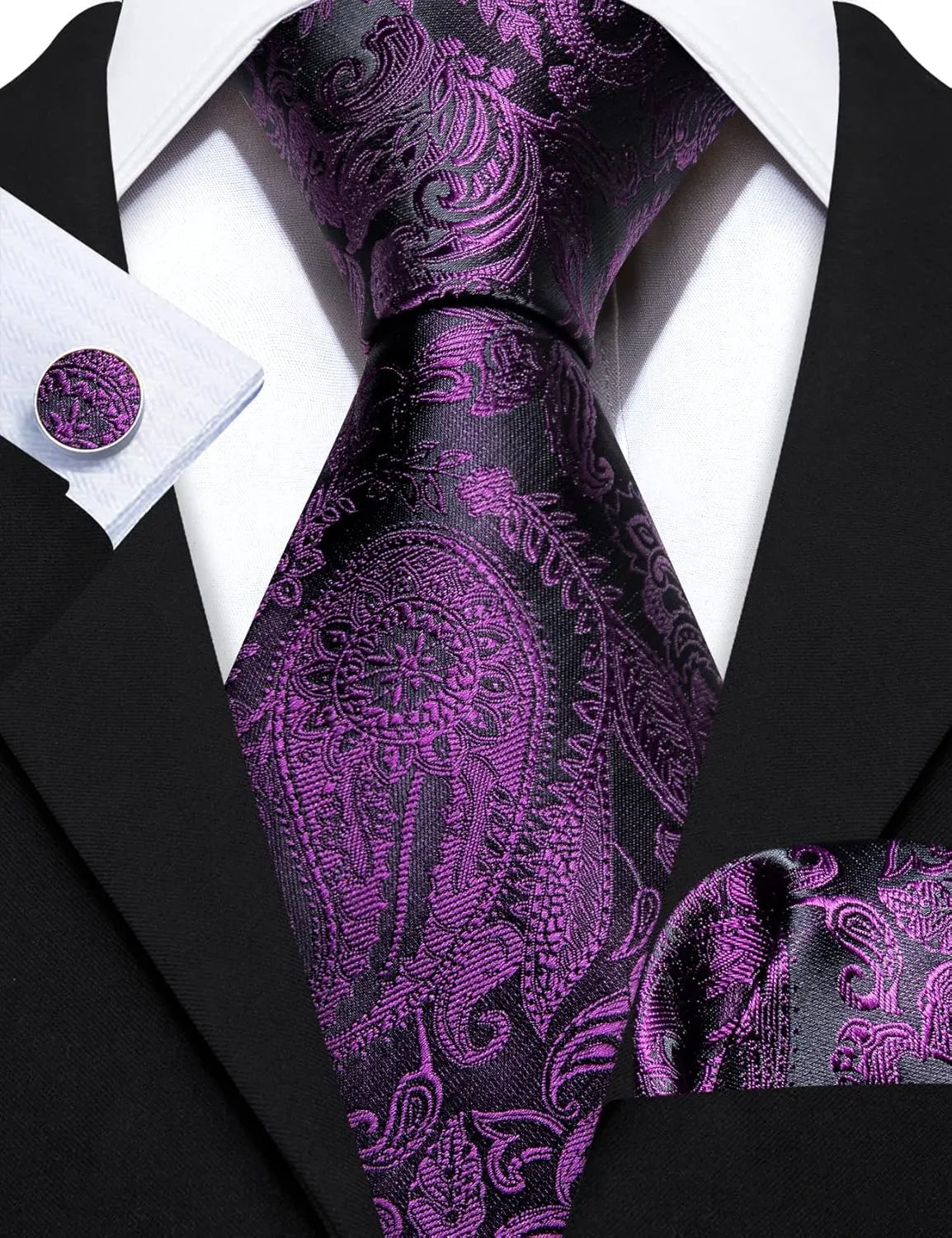 Barry.Wang Paisley Tie Fashion Set Hanky Cufflinks Neckties for Men Woven Silk