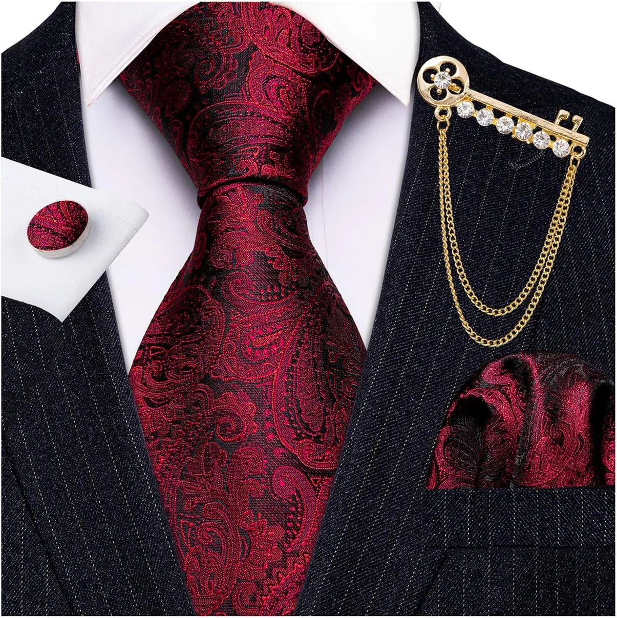 Barry.Wang Paisley Tie Fashion Set Hanky Cufflinks Neckties for Men Woven Silk
