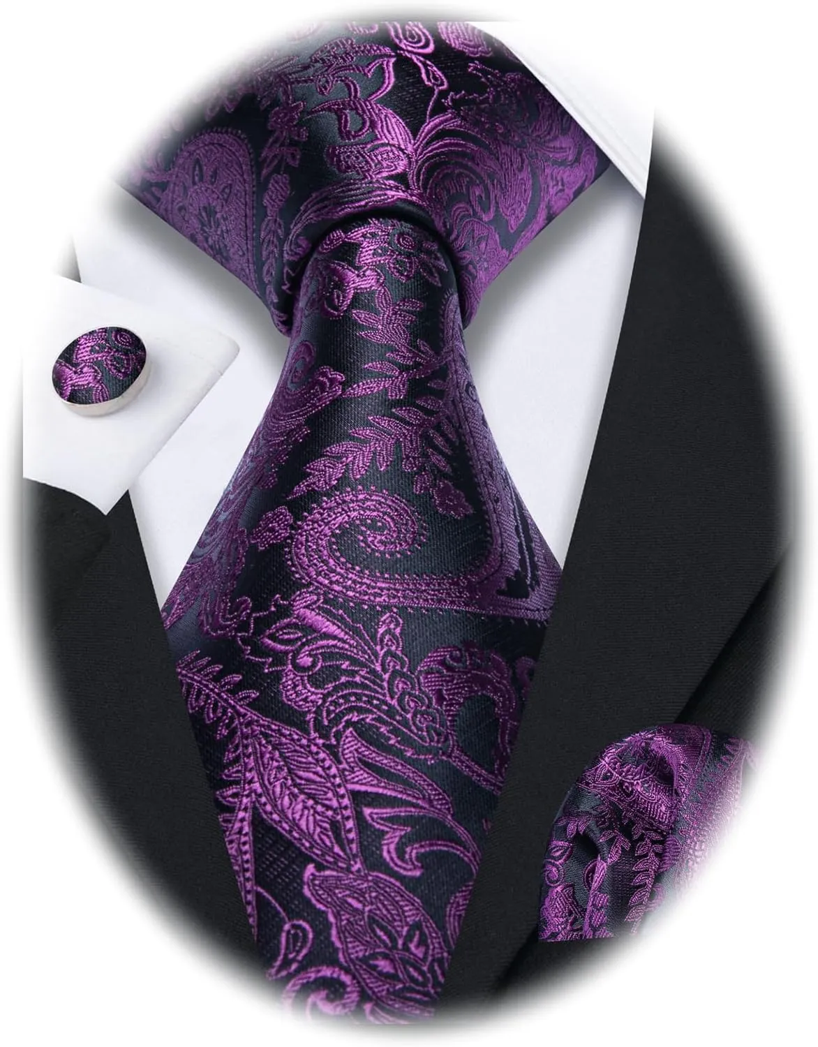 Barry.Wang Paisley Tie Fashion Set Hanky Cufflinks Neckties for Men Woven Silk