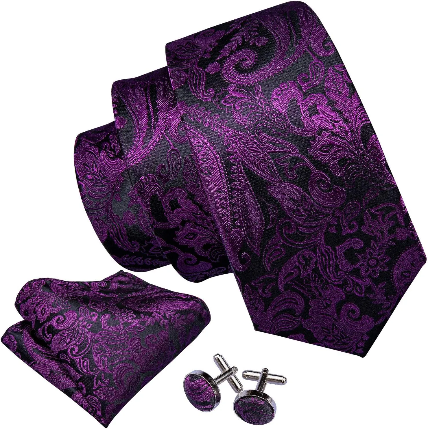 Barry.Wang Paisley Tie Fashion Set Hanky Cufflinks Neckties for Men Woven Silk