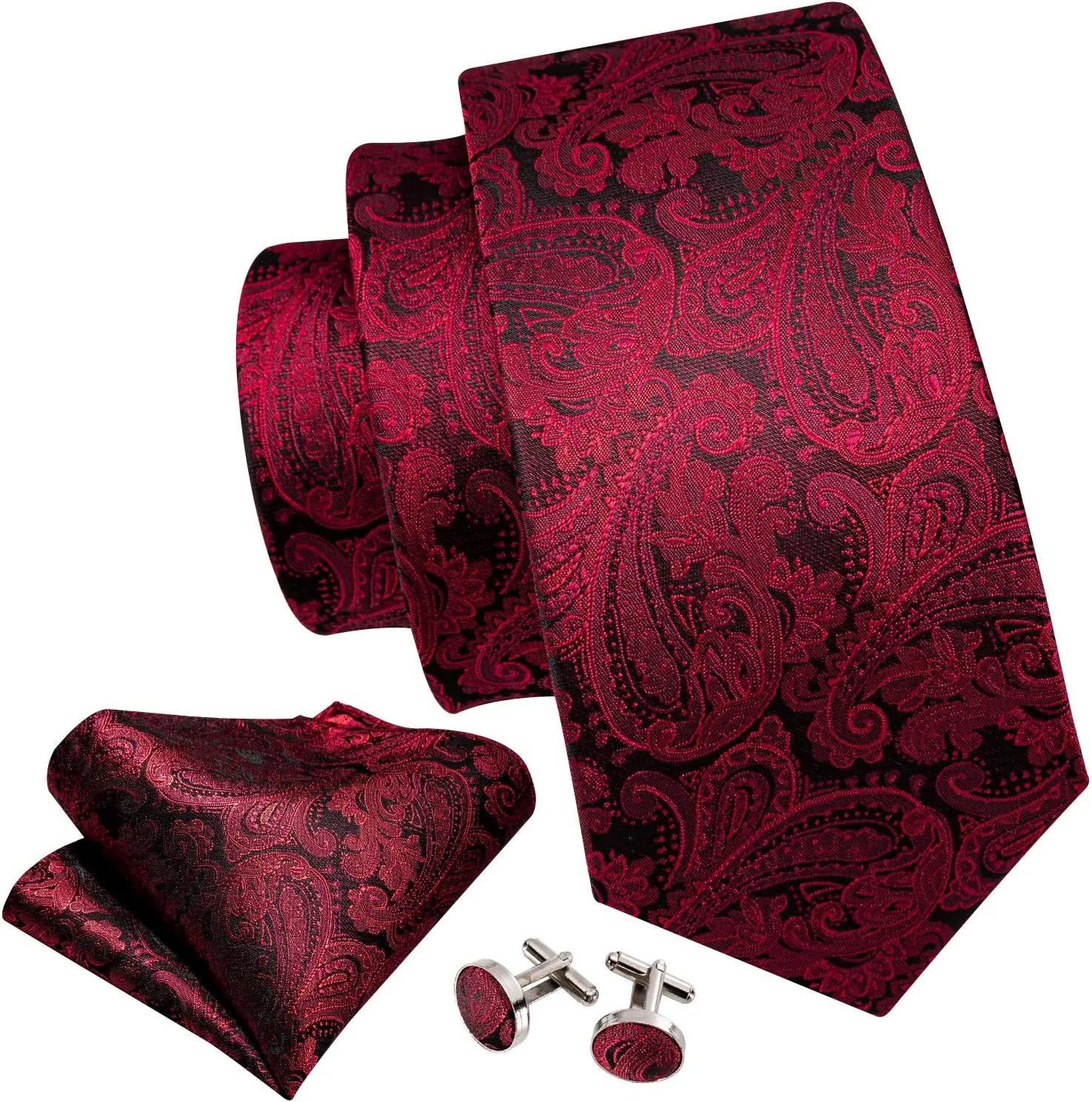 Barry.Wang Paisley Tie Fashion Set Hanky Cufflinks Neckties for Men Woven Silk