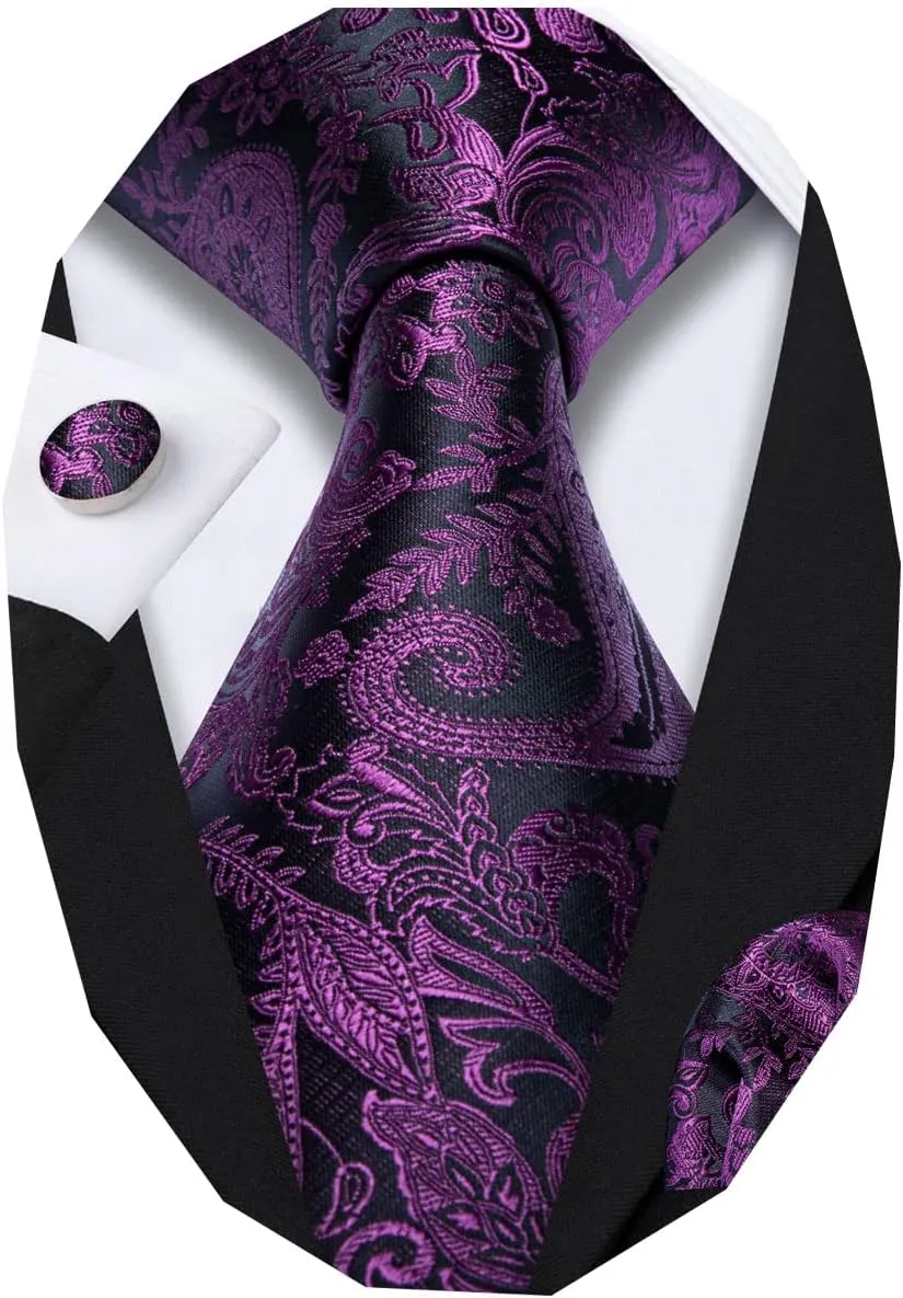 Barry.Wang Paisley Tie Fashion Set Hanky Cufflinks Neckties for Men Woven Silk