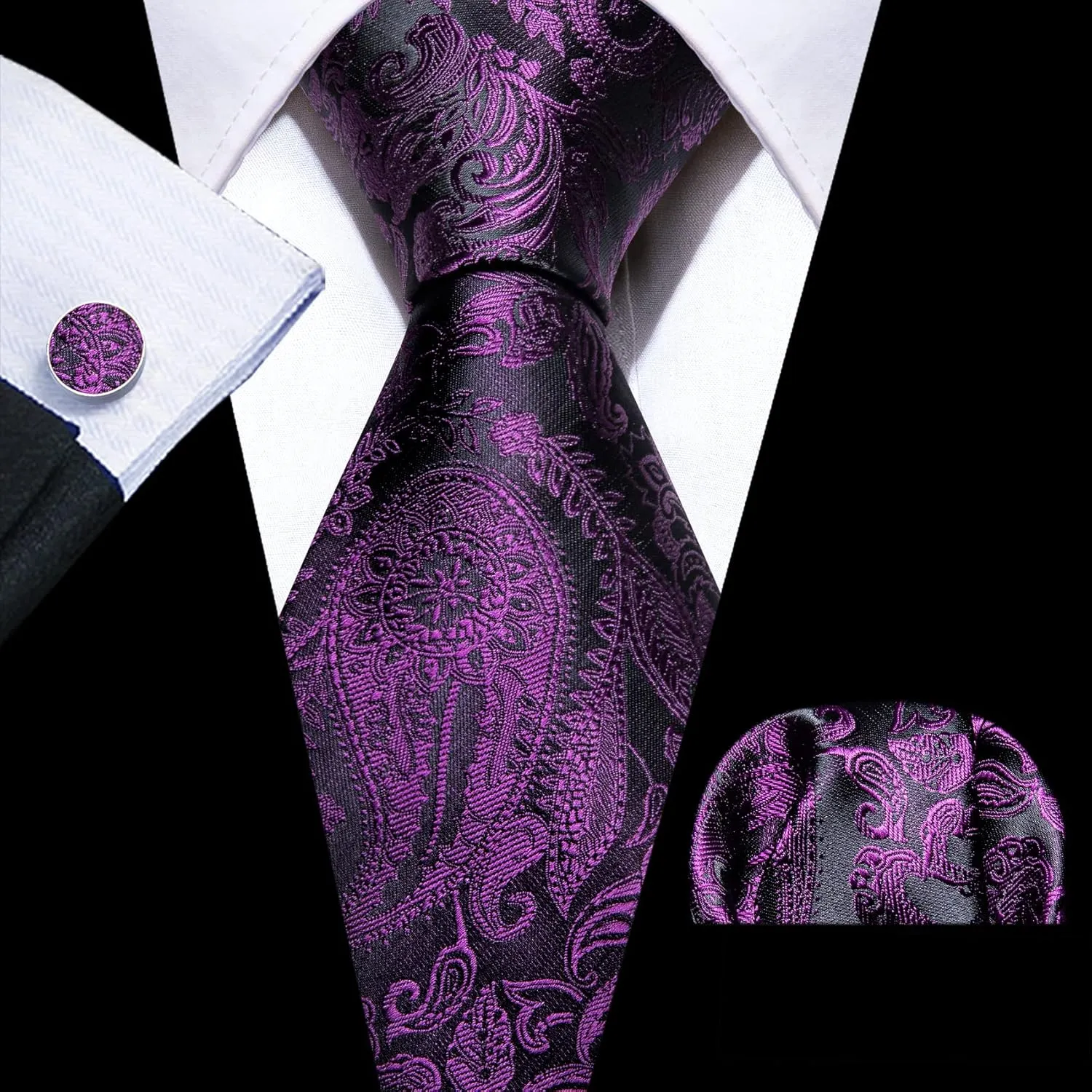 Barry.Wang Paisley Tie Fashion Set Hanky Cufflinks Neckties for Men Woven Silk