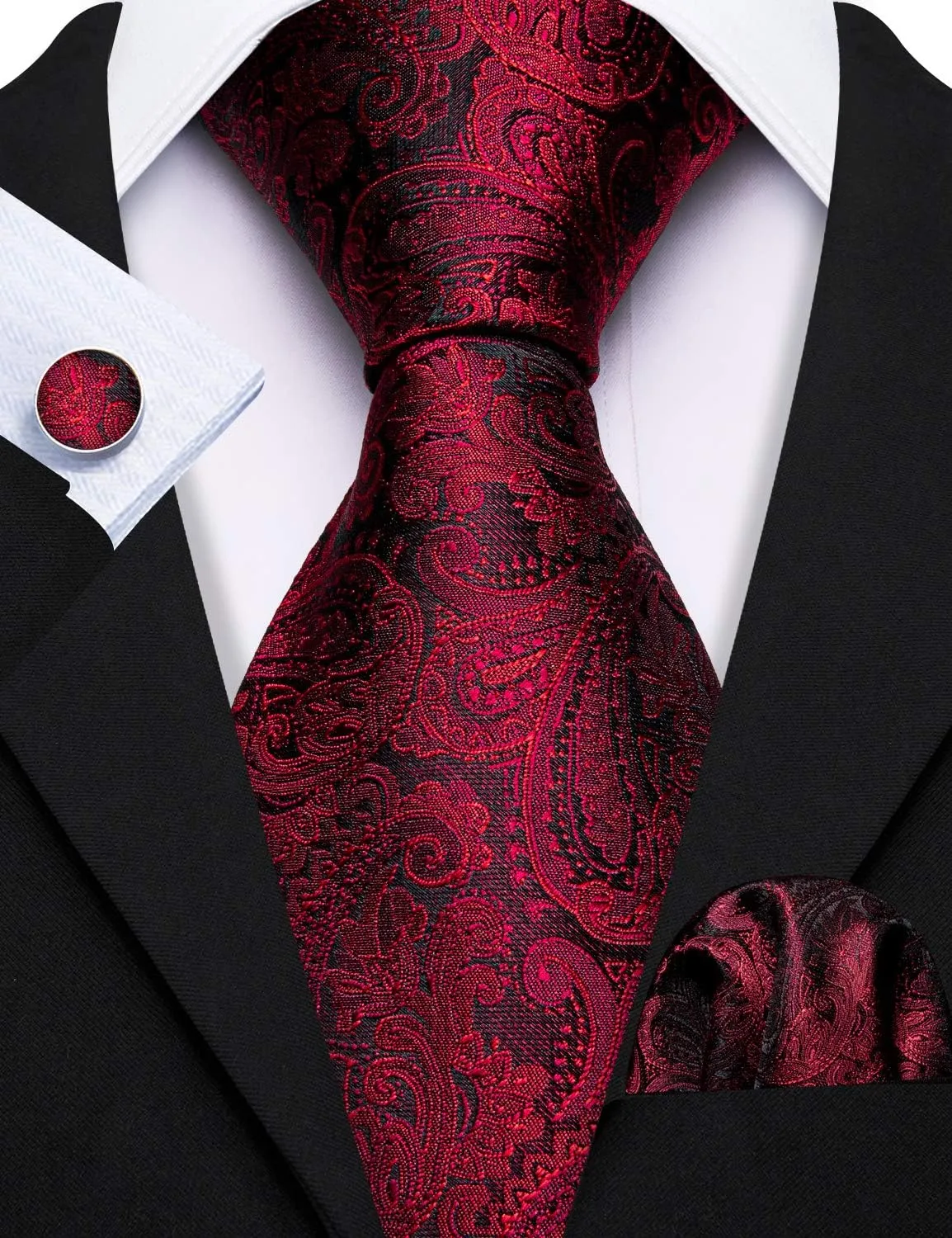 Barry.Wang Paisley Tie Fashion Set Hanky Cufflinks Neckties for Men Woven Silk