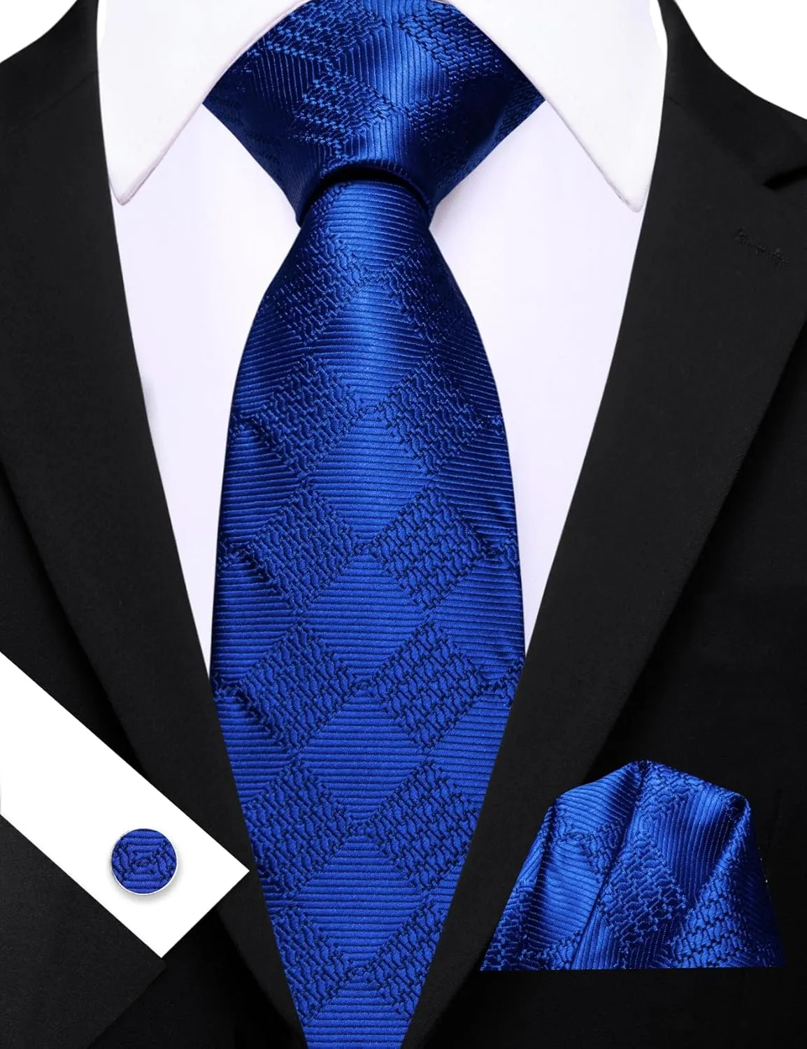 Barry.Wang Plaid Ties Check Mens Necktie Set with Handkerchief Cufflinks Classic Stripe