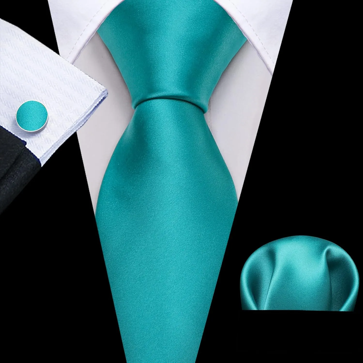 Barry.Wang Solid Men Tie Set Silk Woven Necktie Handkerchief Cufflinks Formal Wedding
