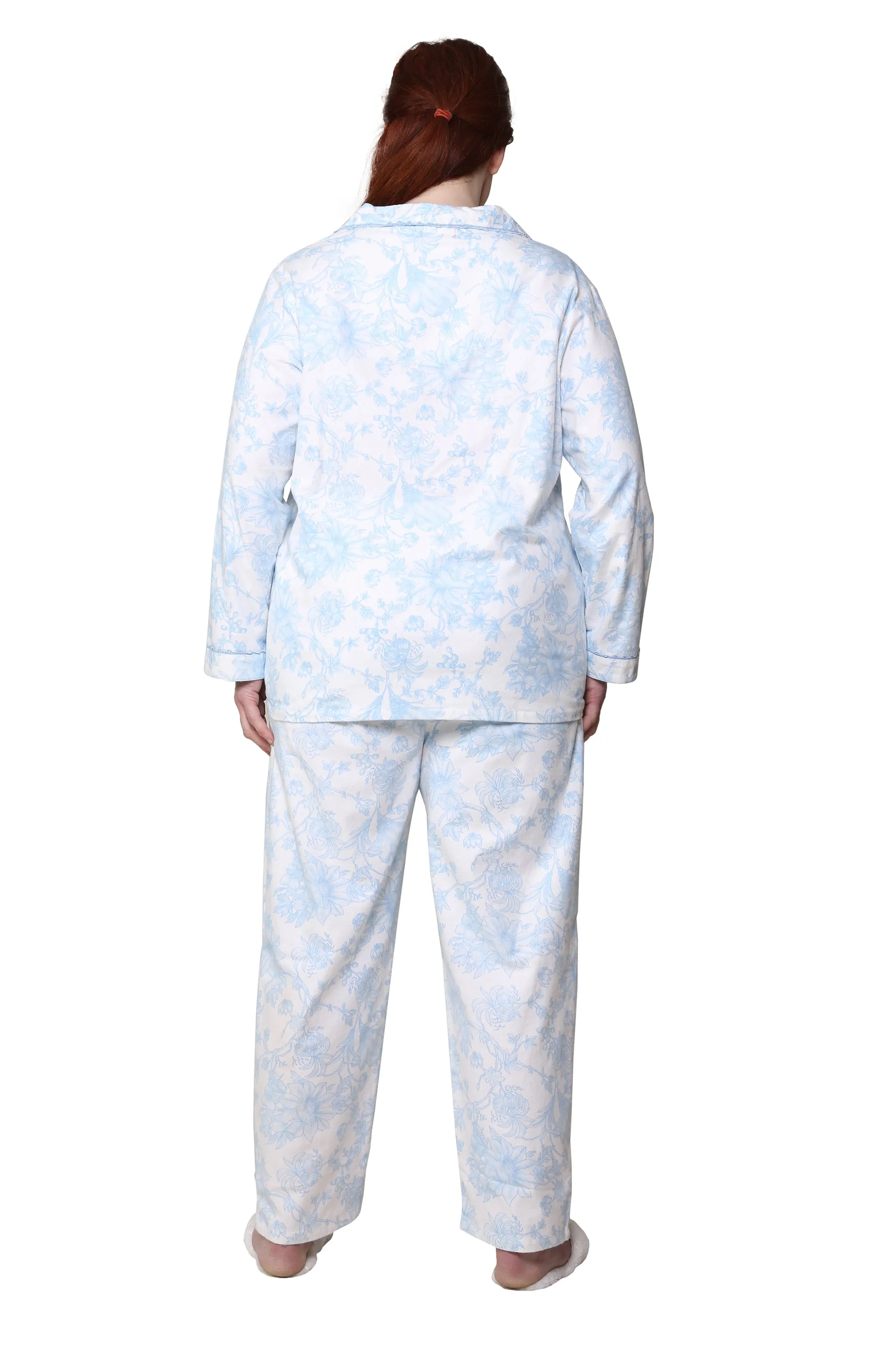 Blue Floral Flannel Long Sleeve Plus Size Pajama Set