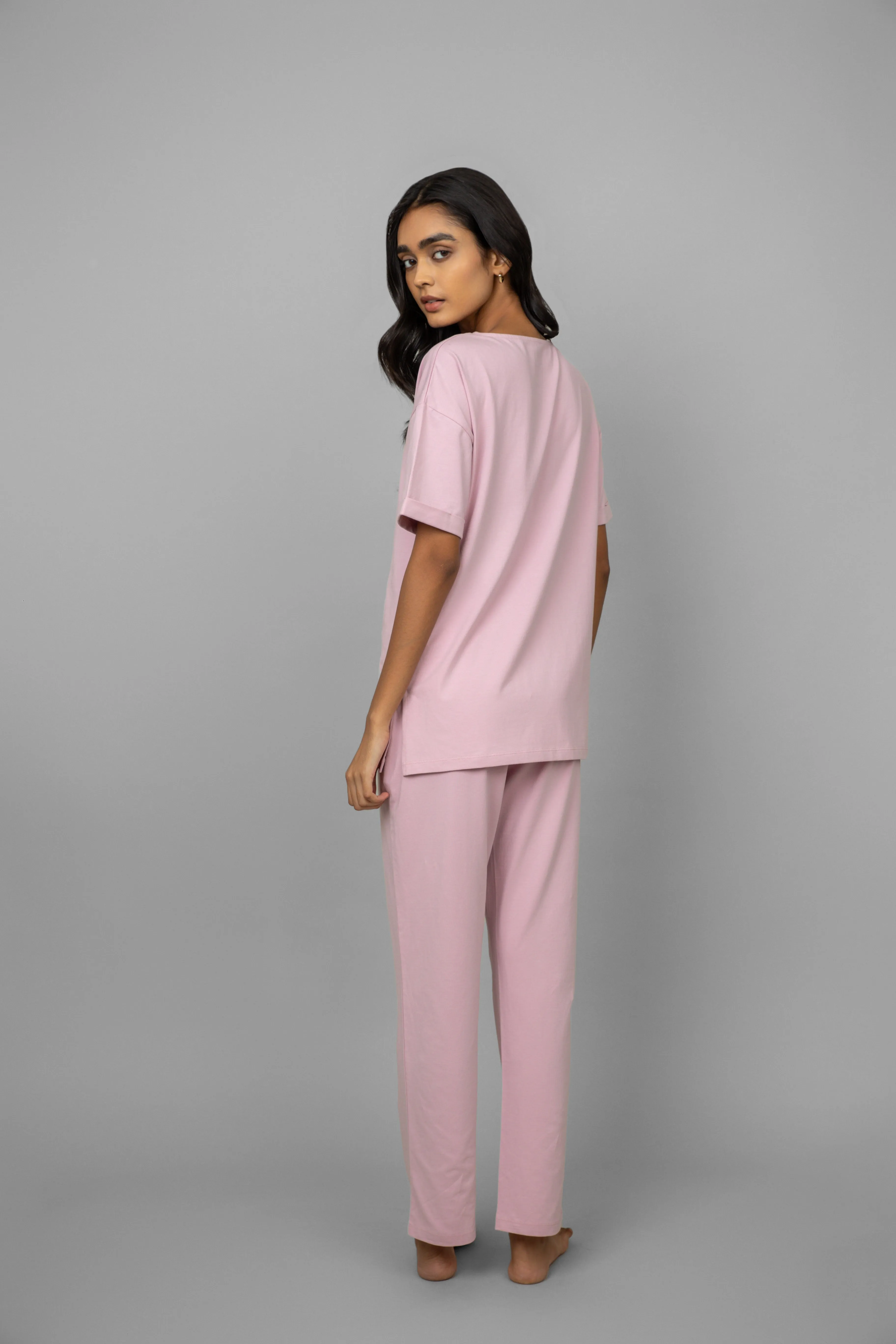 Blush Pink Cotton Lycra Side Slit Pajama Set