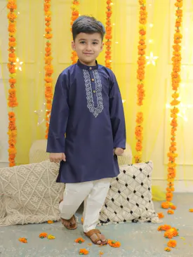 Boys Kids Wear Embroidery Cotton Full Sleeve Kurta Pajama For Boys-Blue