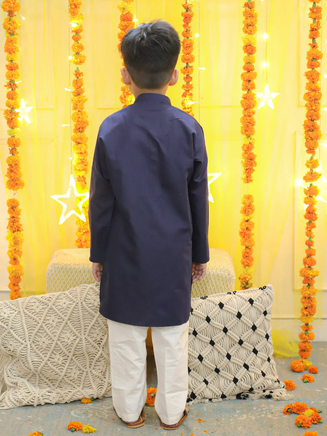 Boys Kids Wear Embroidery Cotton Full Sleeve Kurta Pajama For Boys-Blue
