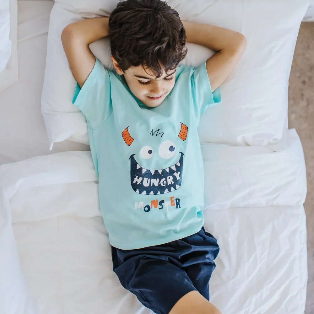 Boys summer pajama set Hungry monster t-shirt  Dark blue shorts