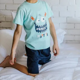 Boys summer pajama set Hungry monster t-shirt  Dark blue shorts