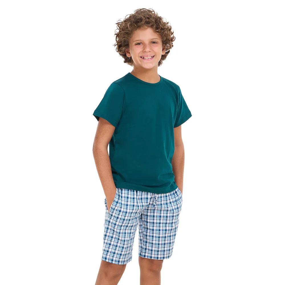 Boys summer pajama set Petroleum t-shirt  Petroleum x White Checkered  shorts