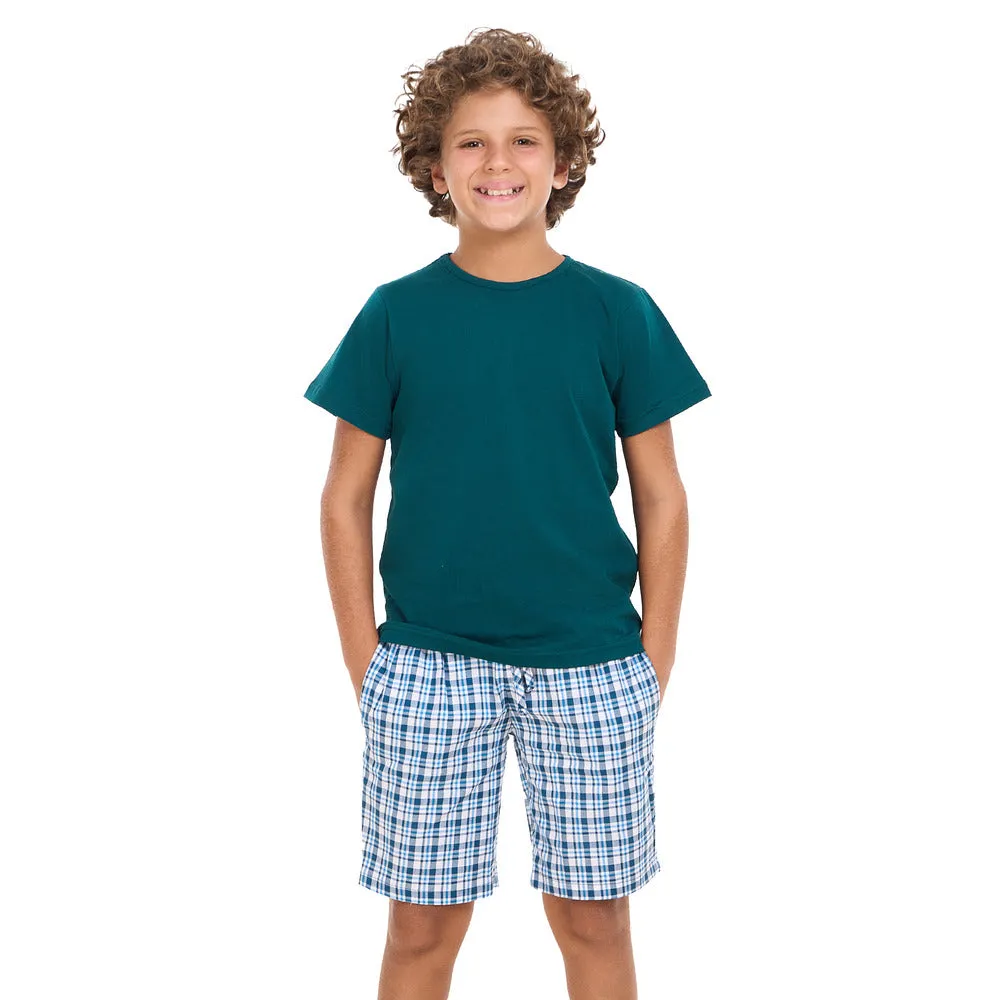 Boys summer pajama set Petroleum t-shirt  Petroleum x White Checkered  shorts