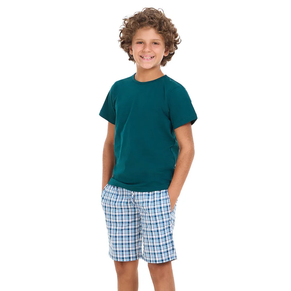 Boys summer pajama set Petroleum t-shirt  Petroleum x White Checkered  shorts