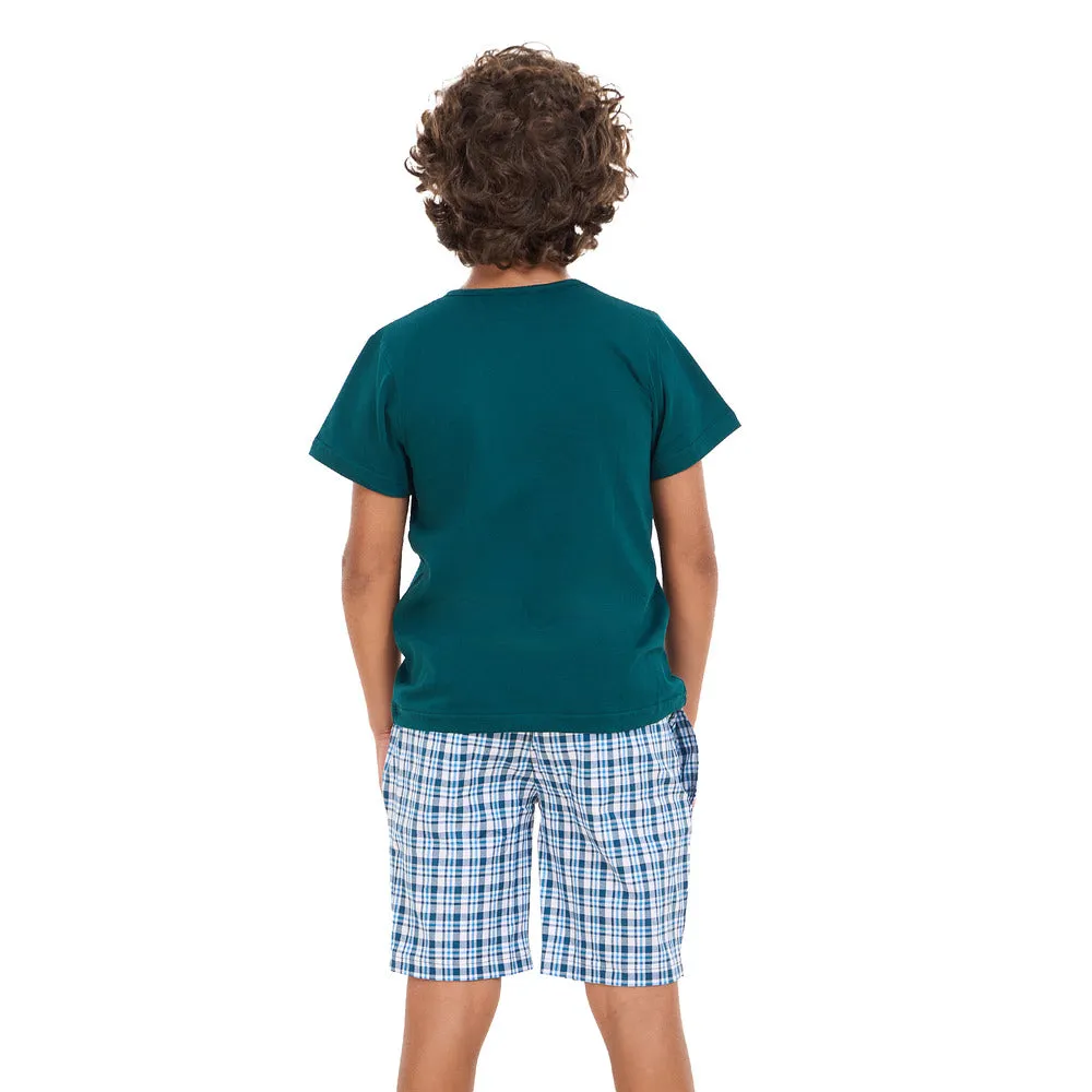 Boys summer pajama set Petroleum t-shirt  Petroleum x White Checkered  shorts