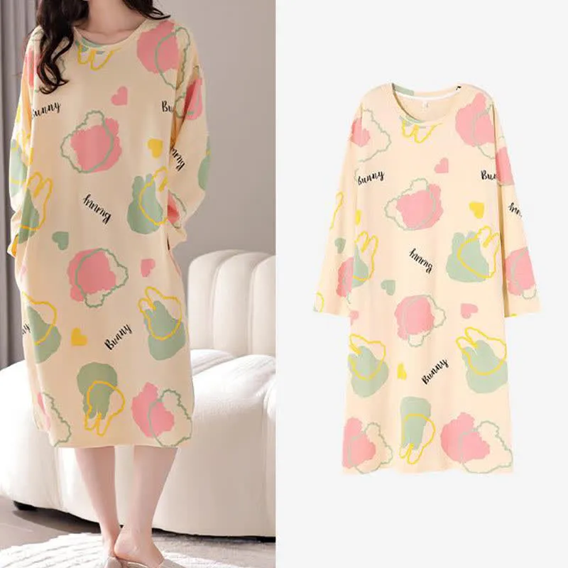 Cartoon Round-neck Cotton Long Nightgown