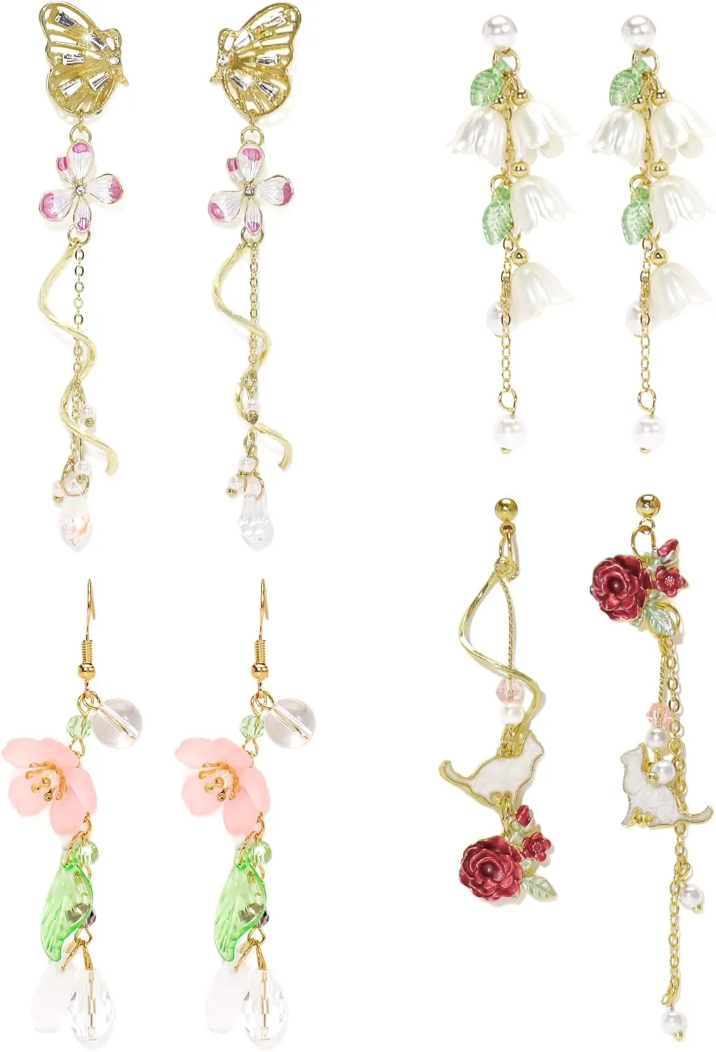 Coiris 4 Pairs Flower Earrings Set for Women Hypoallergenic Pearl Leaf Flower Tassel Earrings Statement Long Dangle Earrings for Women(ER1317)