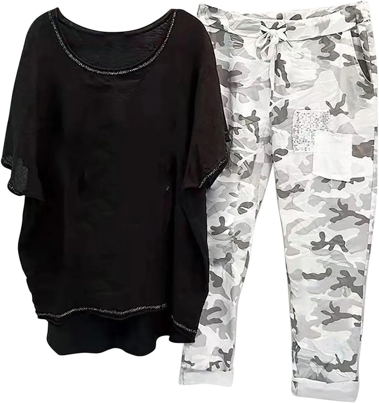 Cotton Linen Sets for Women 2 Piece Dressy Outfits Plus Size Matching Sets Short Sleeve Graphic Tees Camo Capri Pants