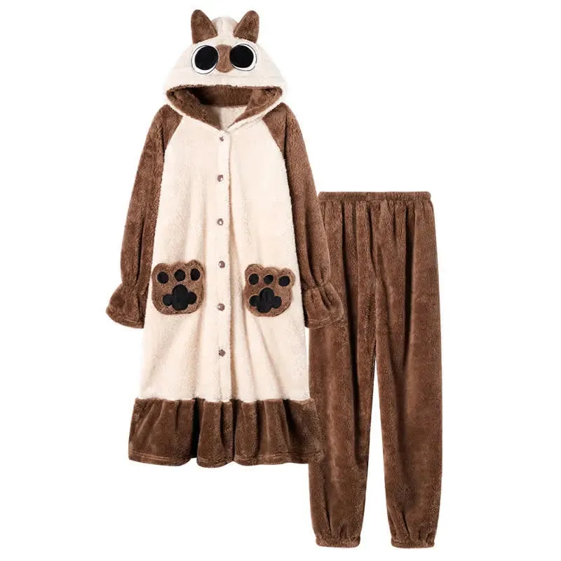 Cute Cartoon Kitty Hooded Pajamas Set