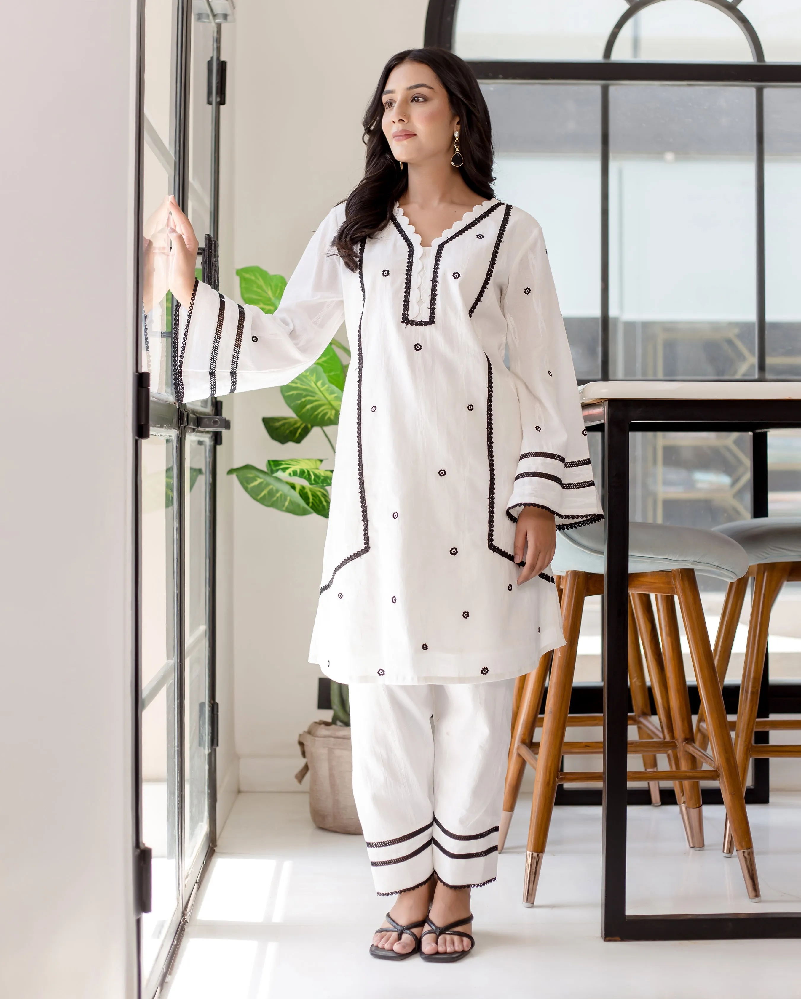 Daisy White Solid Cotton Dobby Coord Set