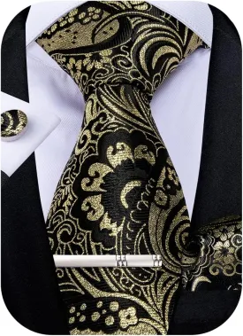 DiBanGu Paisley Ties for Men Silk Necktie and Pocket Square Cufflinks Tie Clip Set Woven Classic Mens Tie for Wedding Party