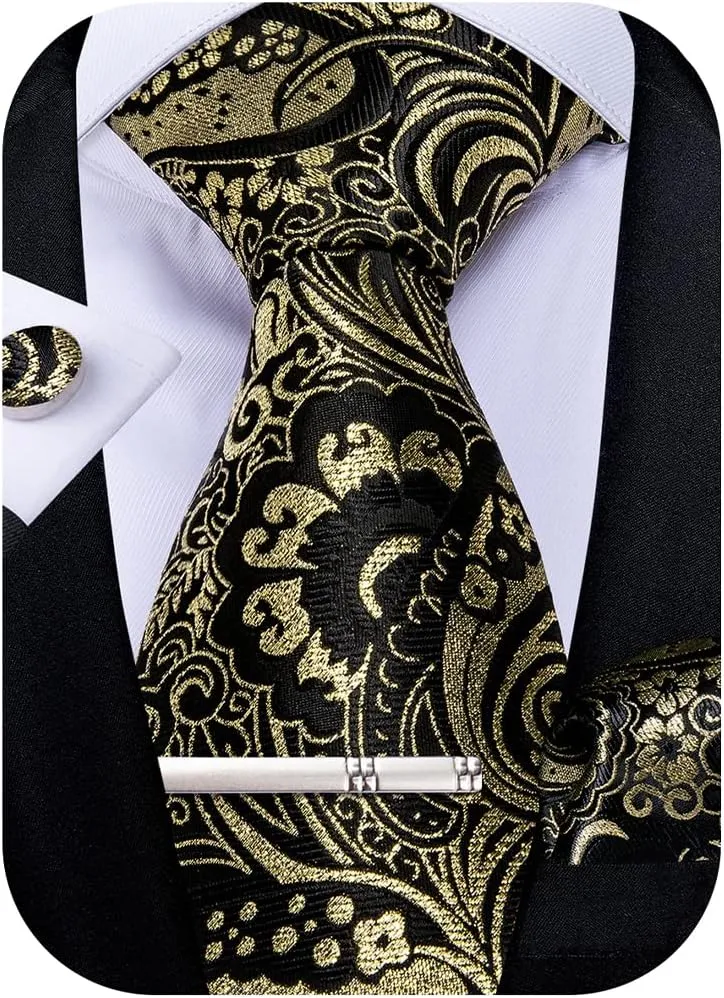DiBanGu Paisley Ties for Men Silk Necktie and Pocket Square Cufflinks Tie Clip Set Woven Classic Mens Tie for Wedding Party