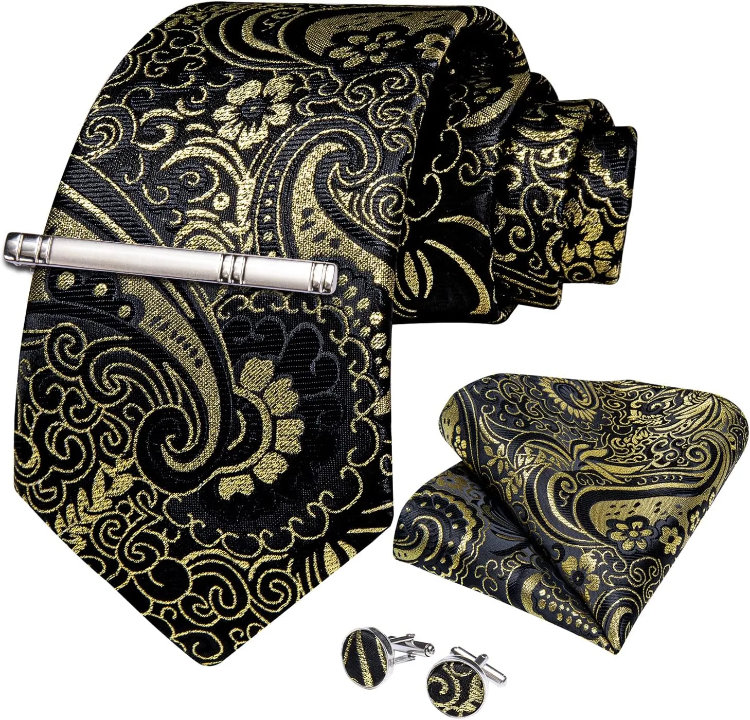 DiBanGu Paisley Ties for Men Silk Necktie and Pocket Square Cufflinks Tie Clip Set Woven Classic Mens Tie for Wedding Party