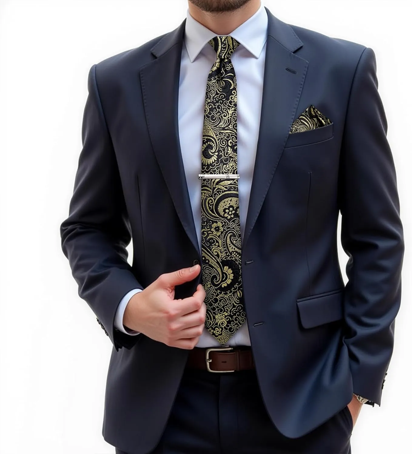 DiBanGu Paisley Ties for Men Silk Necktie and Pocket Square Cufflinks Tie Clip Set Woven Classic Mens Tie for Wedding Party